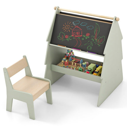2 in 1 Children's Easel with Chair in Tree Shape Double-Sided Standing Board with Chalkboard & Whiteboard