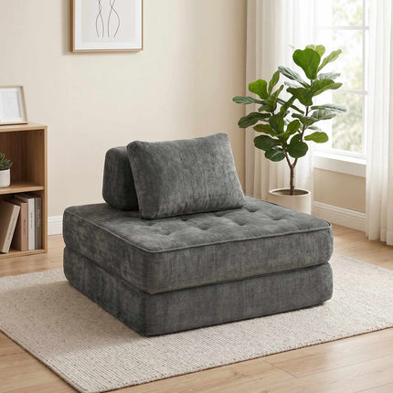 2-in-1 Convertible Chenille Floor Chair to Single Bed, Grey