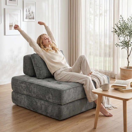 2-in-1 Convertible Chenille Floor Chair to Single Bed, Grey