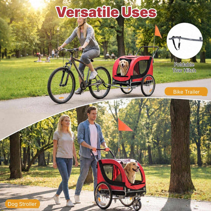 2-in-1 Dog Bike Trailer with Universal Bicycle Coupler, Red, 80 kg Capacity