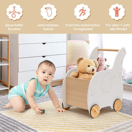 2 in 1 Elephant Shape Wooden Baby Walker with Large Toy Box White