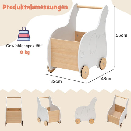 2 in 1 Elephant Shape Wooden Baby Walker with Large Toy Box White
