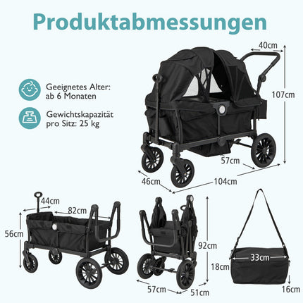 2-in-1 Foldable Double Stroller with Adjustable Handle, Black