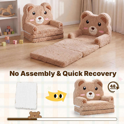 2-in-1 Foldable Kids Sofa Bed with Washable Cover, Bear Design, Brown