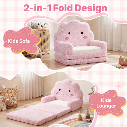 2-in-1 Foldable Kids Sofa Bed with Washable Cover, Cloud Design, Pink