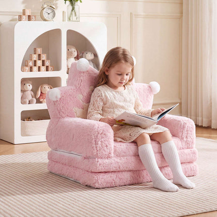 2-in-1 Foldable Kids Sofa Bed with Washable Cover, Crown Design, Pink