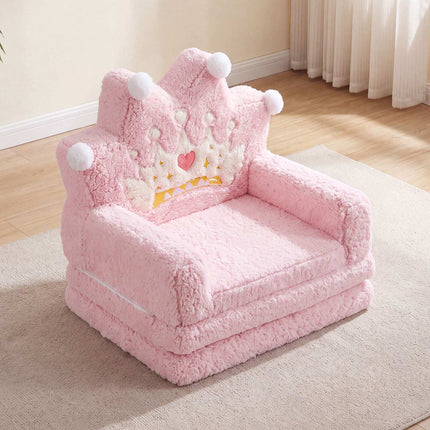 2-in-1 Foldable Kids Sofa Bed with Washable Cover, Crown Design, Pink