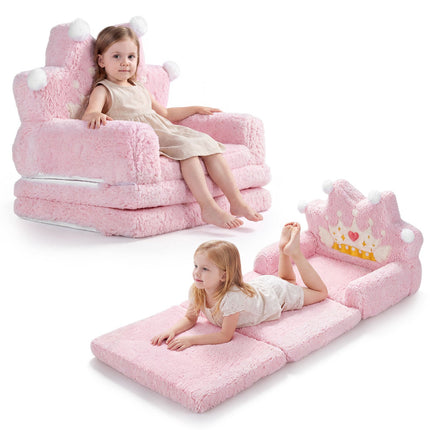 2-in-1 Foldable Kids Sofa Bed with Washable Cover, Crown Design, Pink
