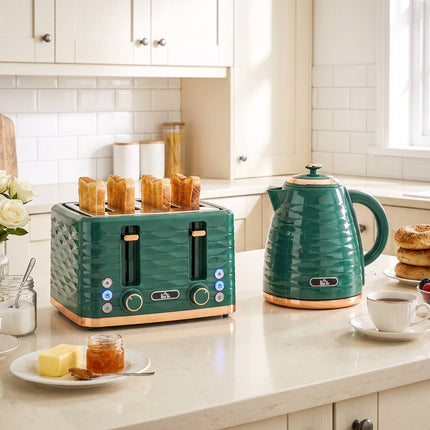 2-in-1 Green Toaster & Kettle Set, 7 Browning Levels