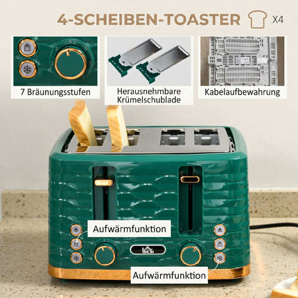 2-in-1 Green Toaster & Kettle Set, 7 Browning Levels