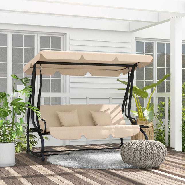Recumbent 3-seat garden swing with canopy, brown