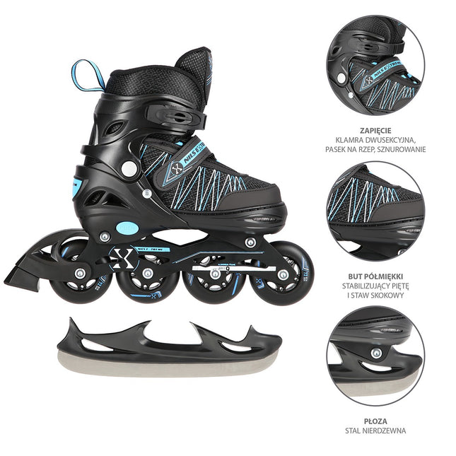 2-in-1 inline- en ijsschaatsen, zwart/blauw, maten 31-34