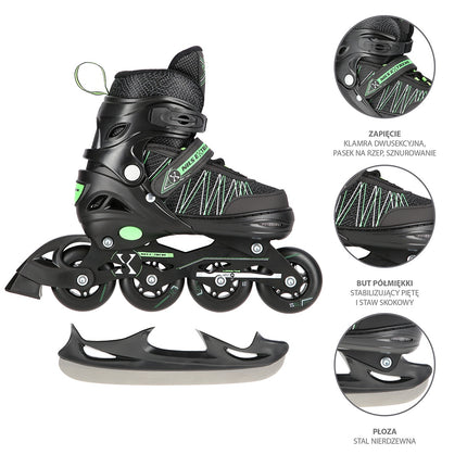 2-in-1 Inline & Ice Skates, Black/Green, Size S (31-34)