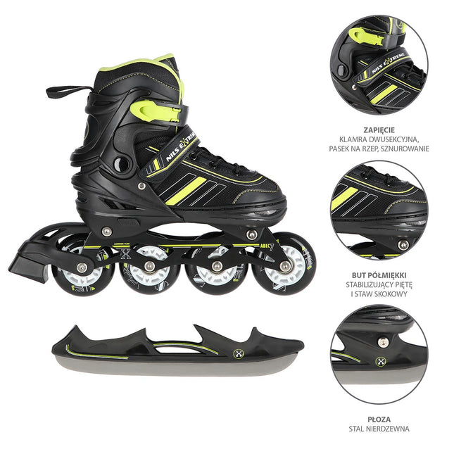 2-in-1 inline- en ijsschaatsen, zwart/limoen, maat S (29-33)