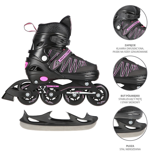 2-in-1 inline- en ijsschaatsen, zwart/roze, maat L (39-42)