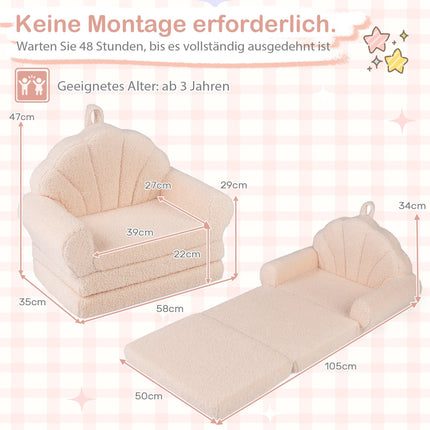 2-in-1 Kids Sofa Bed, Beige, Soft Teddy Plush