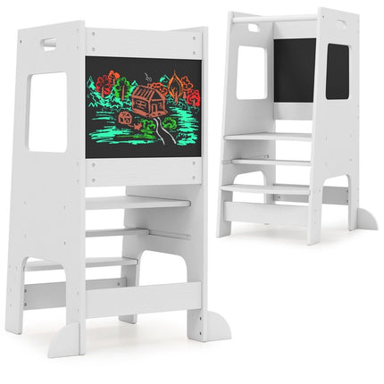 2 in 1 Kitchen Helper Learning Tower with 3 Adjustable Heights &amp; Chalkboard Step Stool Learning Chair White