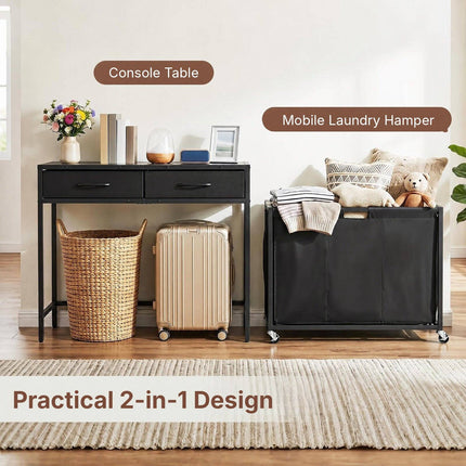 2-in-1 Laundry Basket Organizer with 3 Sections and Wheels, Rustic Brown