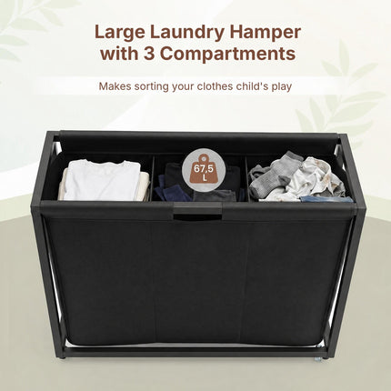 2-in-1 Laundry Basket Organizer with 3 Sections and Wheels, Rustic Brown
