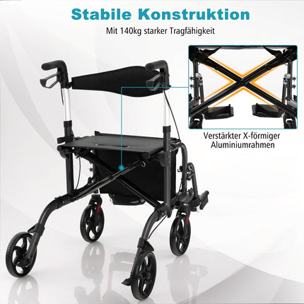 2-in-1 Lightweight Rollator & Wheelchair, Adjustable Height