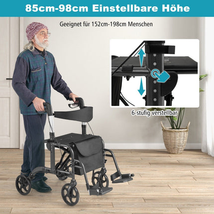 2-in-1 Lightweight Rollator & Wheelchair, Adjustable Height