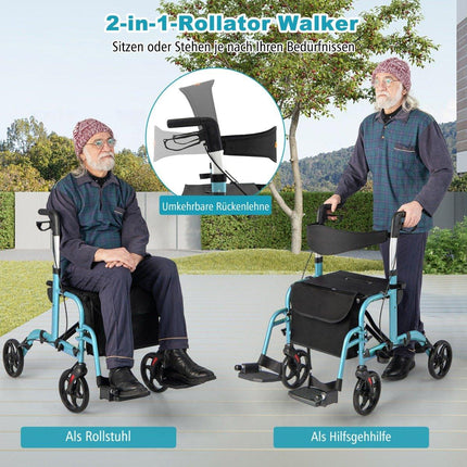 2-in-1 Lightweight Rollator & Wheelchair, Height Adjustable