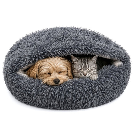 2-in-1 Plush Dog and Cat Bed 70 cm with Sleeping Bag Canopy, Grey