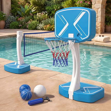 2-in-1 Pool Basketball Hoop & Volleyball Net Set with Base