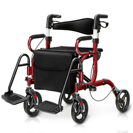 2-in-1 Rollator Walker & Transport Chair, Foldable, Red