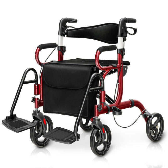 2-in-1 Rollator Walker & Transport Chair, Foldable, Red