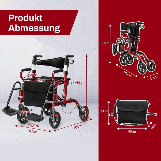 2-in-1 Rollator Walker & Transport Chair, Foldable, Red