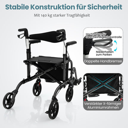 2-in-1 Rollator Walker & Wheelchair, Folding, Black