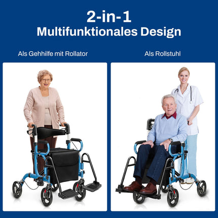 2-in-1 Rollator Walker with Seat, Foldable, Blue