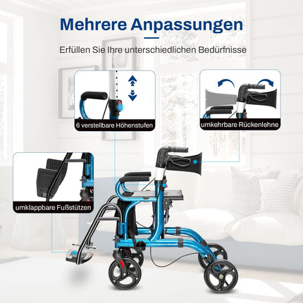 2-in-1 Rollator Walker with Seat, Foldable, Blue