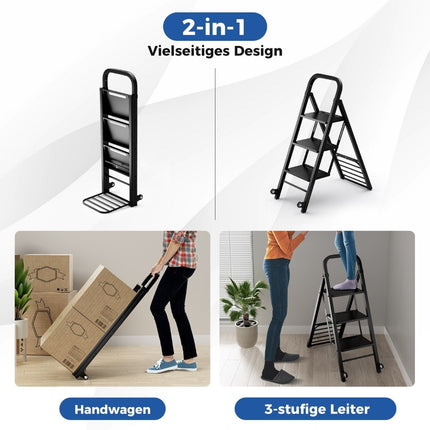 2 in 1 Sack Truck & Step Ladder Foldable 2 Wheels Handcart Metal Transport Truck Black