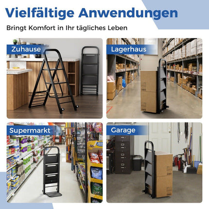 2 in 1 Sack Truck & Step Ladder Foldable 2 Wheels Handcart Metal Transport Truck Black
