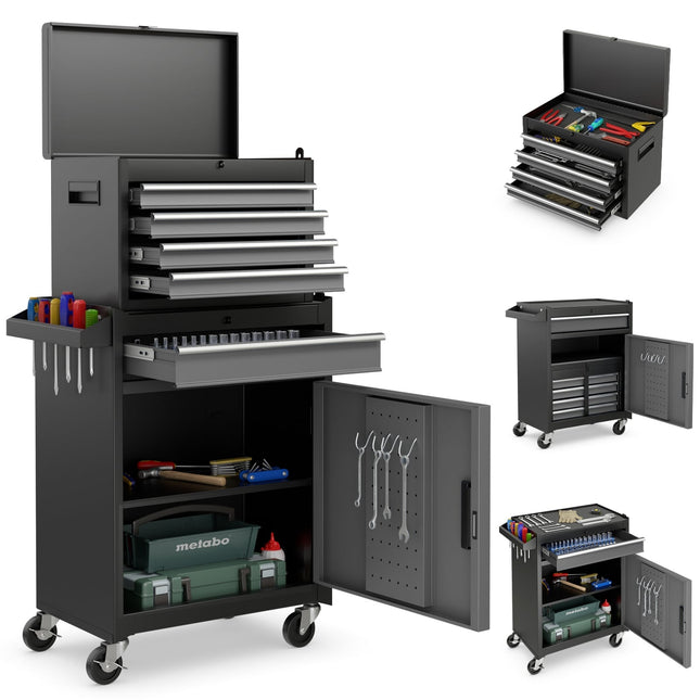 2-in-1 Tool Chest with 5 Drawers, Lockable Wheels