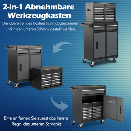 2-in-1 Tool Chest with 5 Drawers, Lockable Wheels