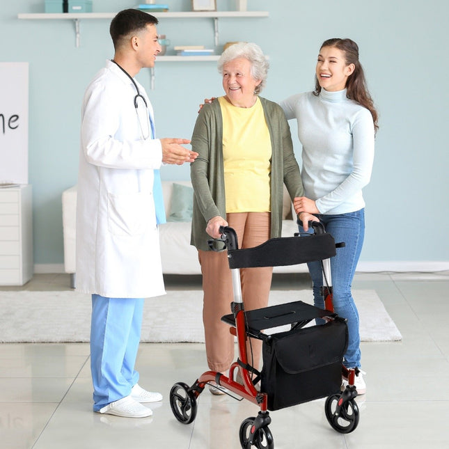 2 in 1 Travel Rollator with Seat & Bag & Stick Holder Foldable & Lightweight Red