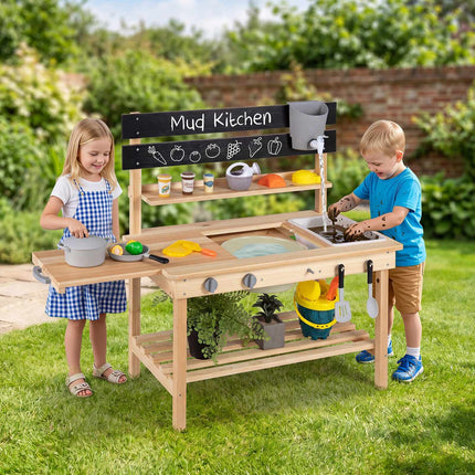 2-in-1 Wooden Mud Kitchen with Sinks and Accessories