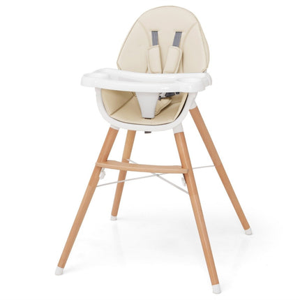 2 in 1 baby high chair made of beech wood with 5-point safety belt & double tray beige