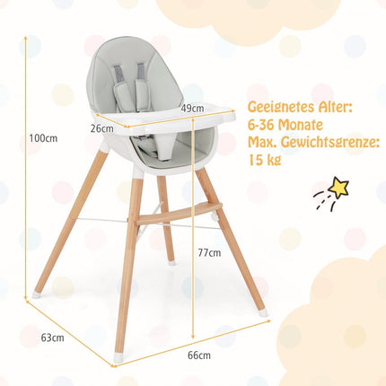 2 in 1 baby high chair made of beech wood with 5-point safety belt & double tray gray