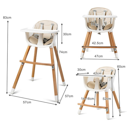 2-in-1 baby high chair made of wood, adjustable 57 x 57 x 83 cm cream white + natural