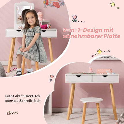 2 in 1 children's dressing table set desk & stool with mirror 70 x 37 x 100 cm white