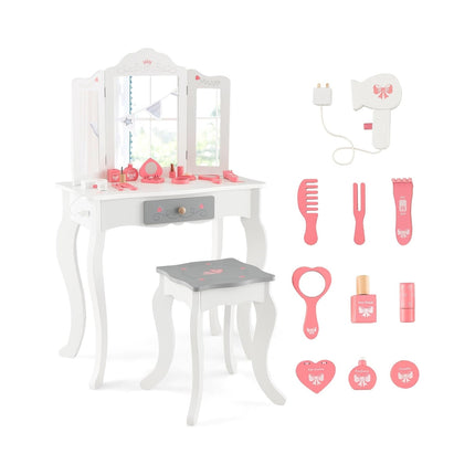 2 in 1 children's dressing table + stool with folding mirror & drawer & accessories