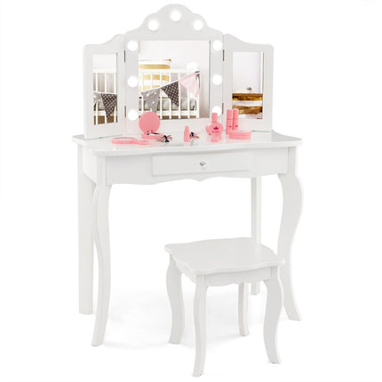 2 in 1 children's dressing table with LED lights & folding mirror & drawers white