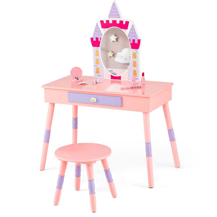2 in 1 children's dressing table with stool dressing table set made of wood pink