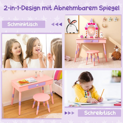 2 in 1 children's dressing table with stool dressing table set made of wood pink