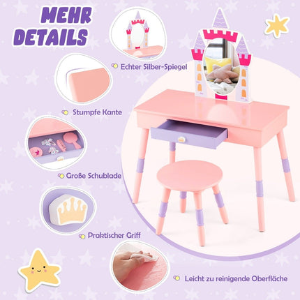 2 in 1 children's dressing table with stool dressing table set made of wood pink
