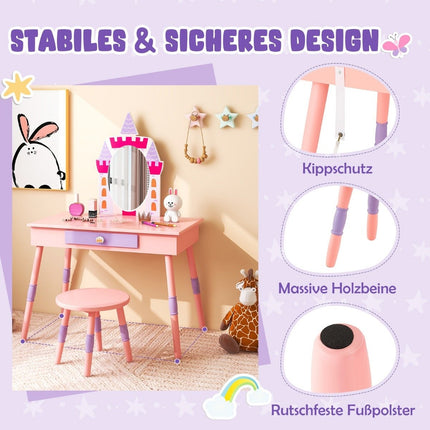 2 in 1 children's dressing table with stool dressing table set made of wood pink